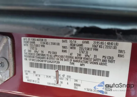2015 Ford Escape Se from USA, damaged, VIN 1FMCU9G91FUA23729